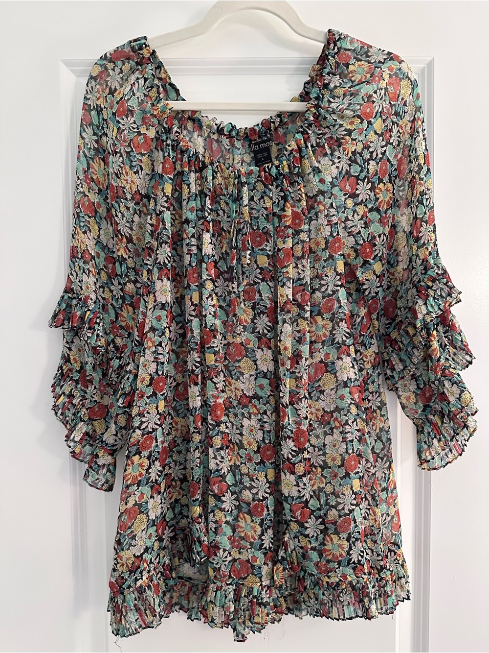 Ella Moss Floral Ruffle Peasant Blouse - Green, Copper, Yellow